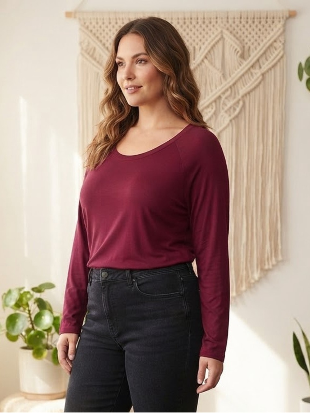 Take 50% OFF-NOBO Women’s Long Sleeve Scoop Neck Top - Burgundy, Size-XXL